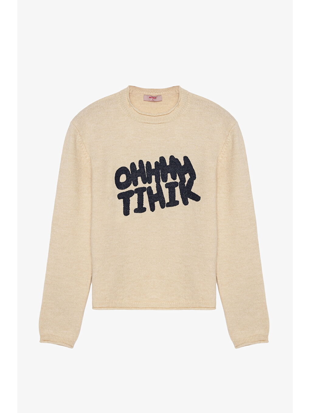 Bisiklet Yaka Yazı Desenli Triko Kazak Ekru