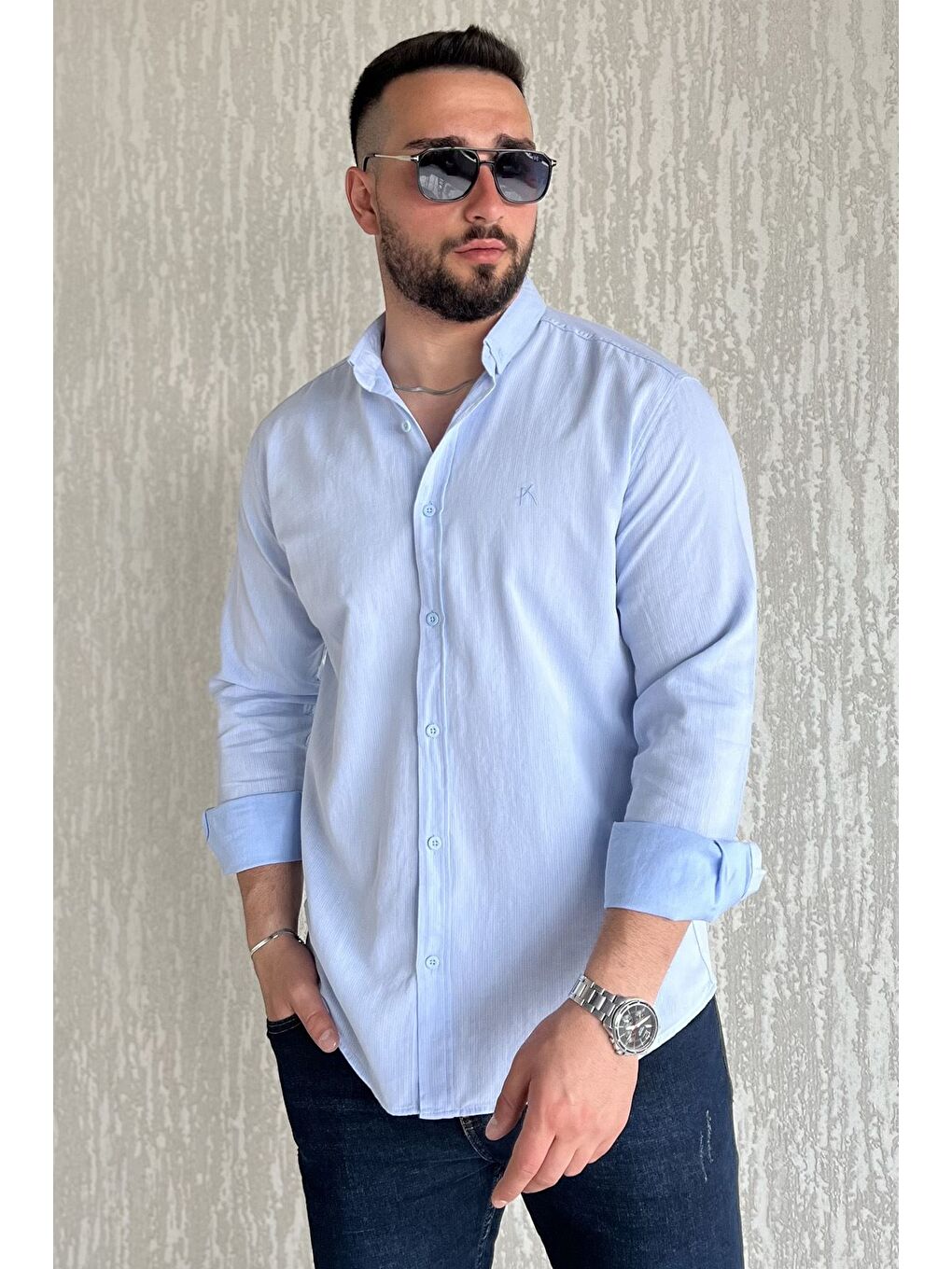 Mavi Erkek Cepsiz Uzun Kol Gömlek-1