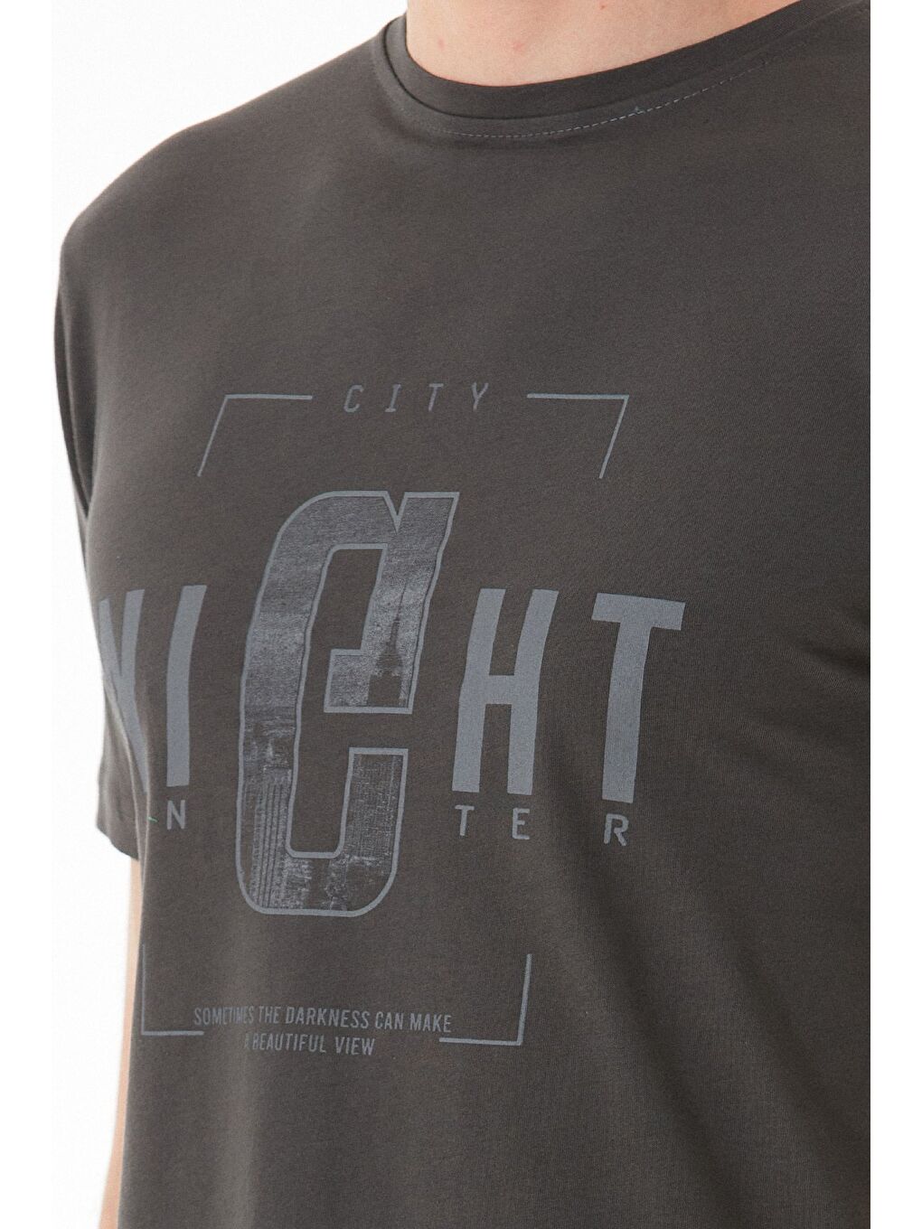 Antrasit Night Yazı Baskılı Bisiklet Yaka Tişört-4