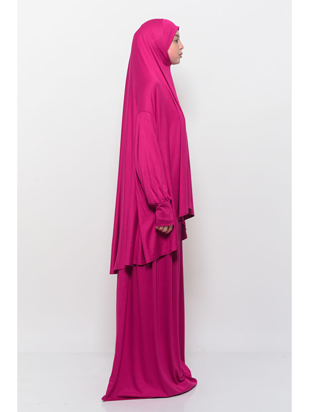 Fuşya İki Parça Pamuklu Yarasa Kollu Başörtülü Organik Terletmez  Elbise-1