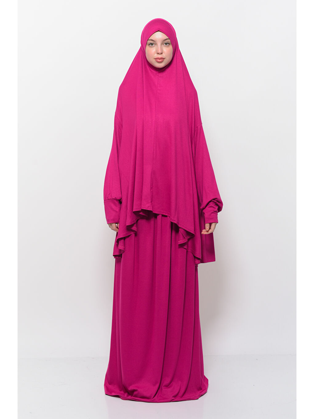 Fuşya İki Parça Pamuklu Yarasa Kollu Başörtülü Organik Terletmez  Elbise-2