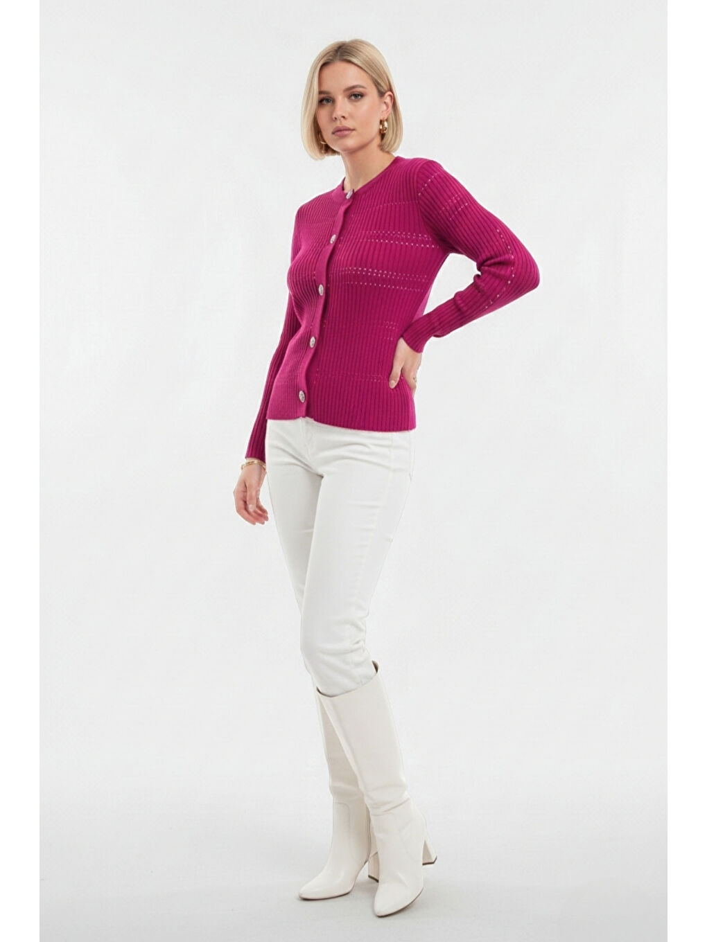 Pembe Metal Düğmeli Yuvarlak Yaka Kaşkorse Fuşya Hırka-1