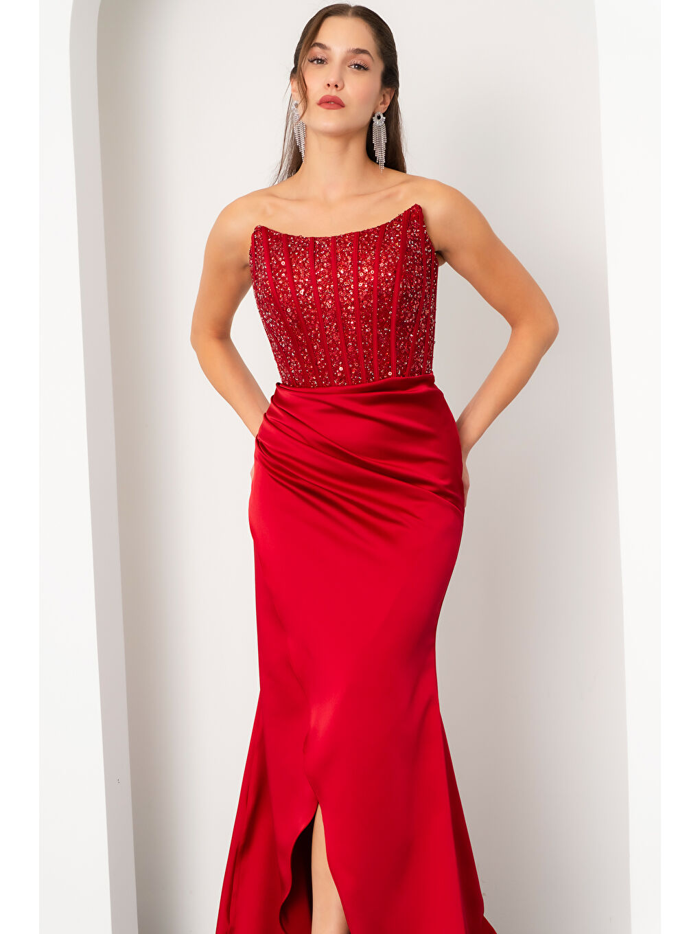 Kadın Bordo Balen Korse Detaylı Taşlı Uzun Abiye Elbise-1