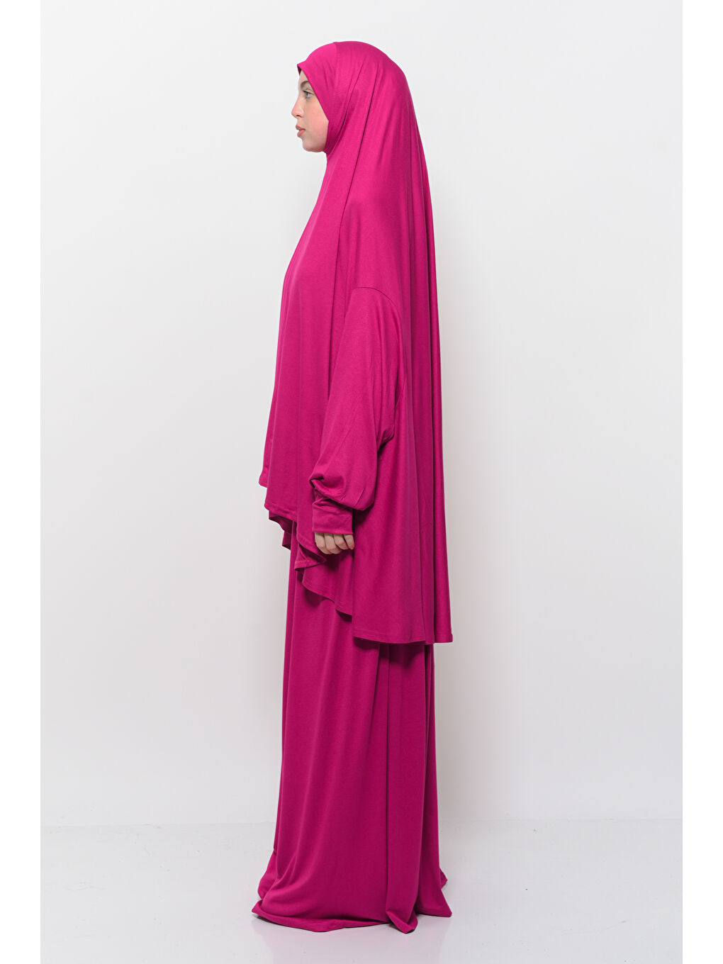 Fuşya İki Parça Pamuklu Yarasa Kollu Başörtülü Organik Terletmez  Elbise-3