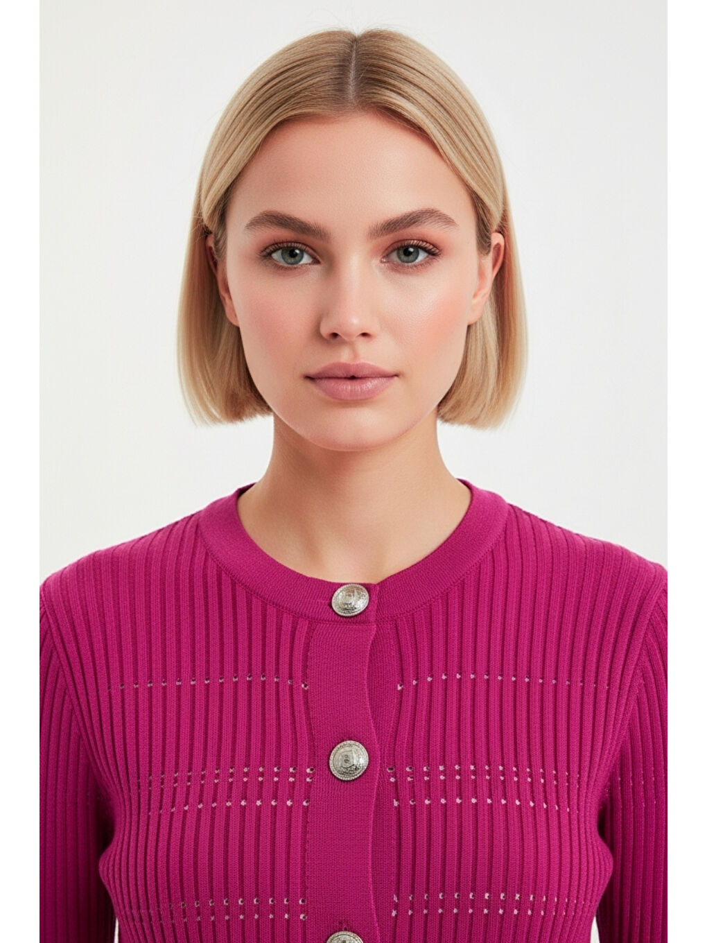 Pembe Metal Düğmeli Yuvarlak Yaka Kaşkorse Fuşya Hırka-2