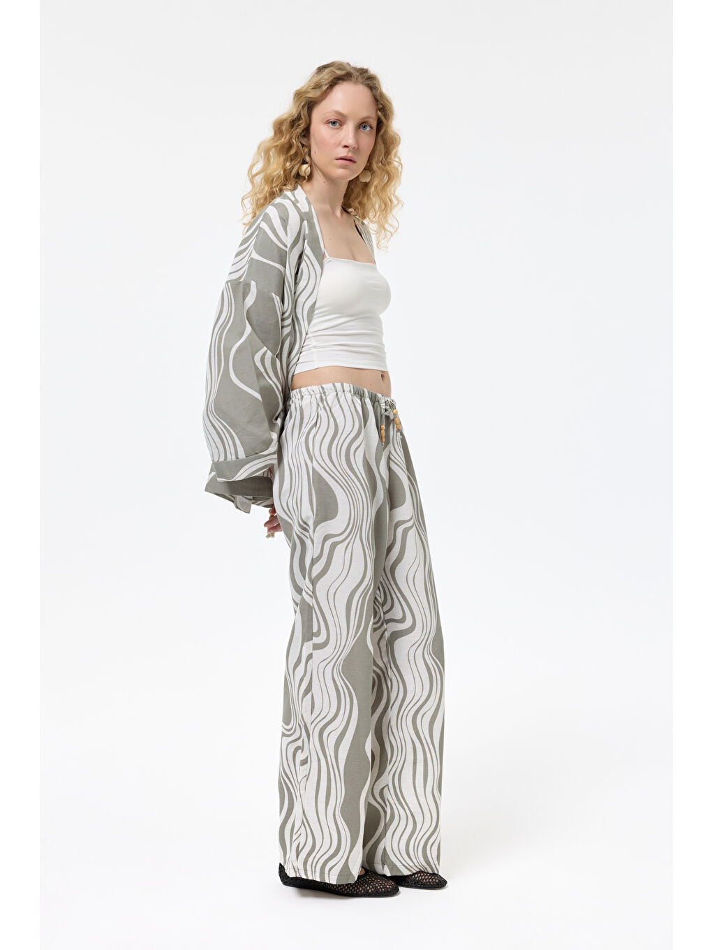 Dalga Desenli Beli Lastikli Keten Bol Pantolon Haki-2