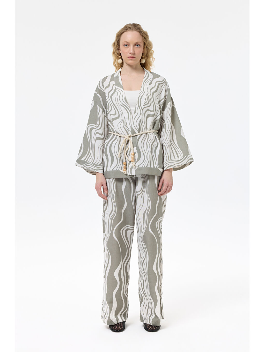 Dalga Desenli Beli Lastikli Keten Bol Pantolon Haki-3