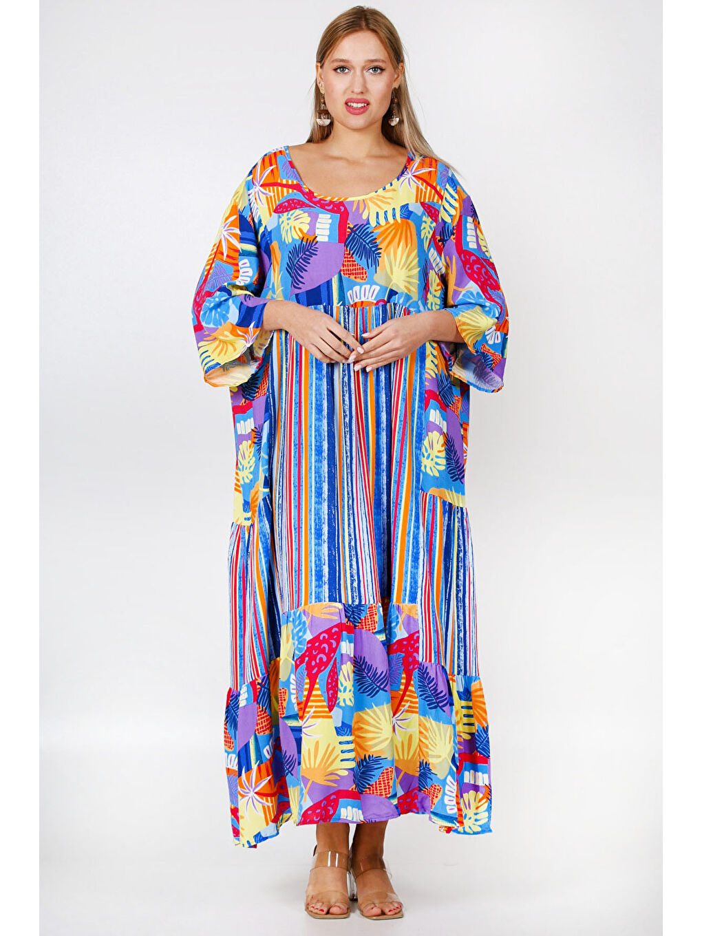 Siyah Mavi Yuvarlak Yaka 3/4 Kol Desenli Allover Baskılı Geniş Kesim Dokuma Elbise-2