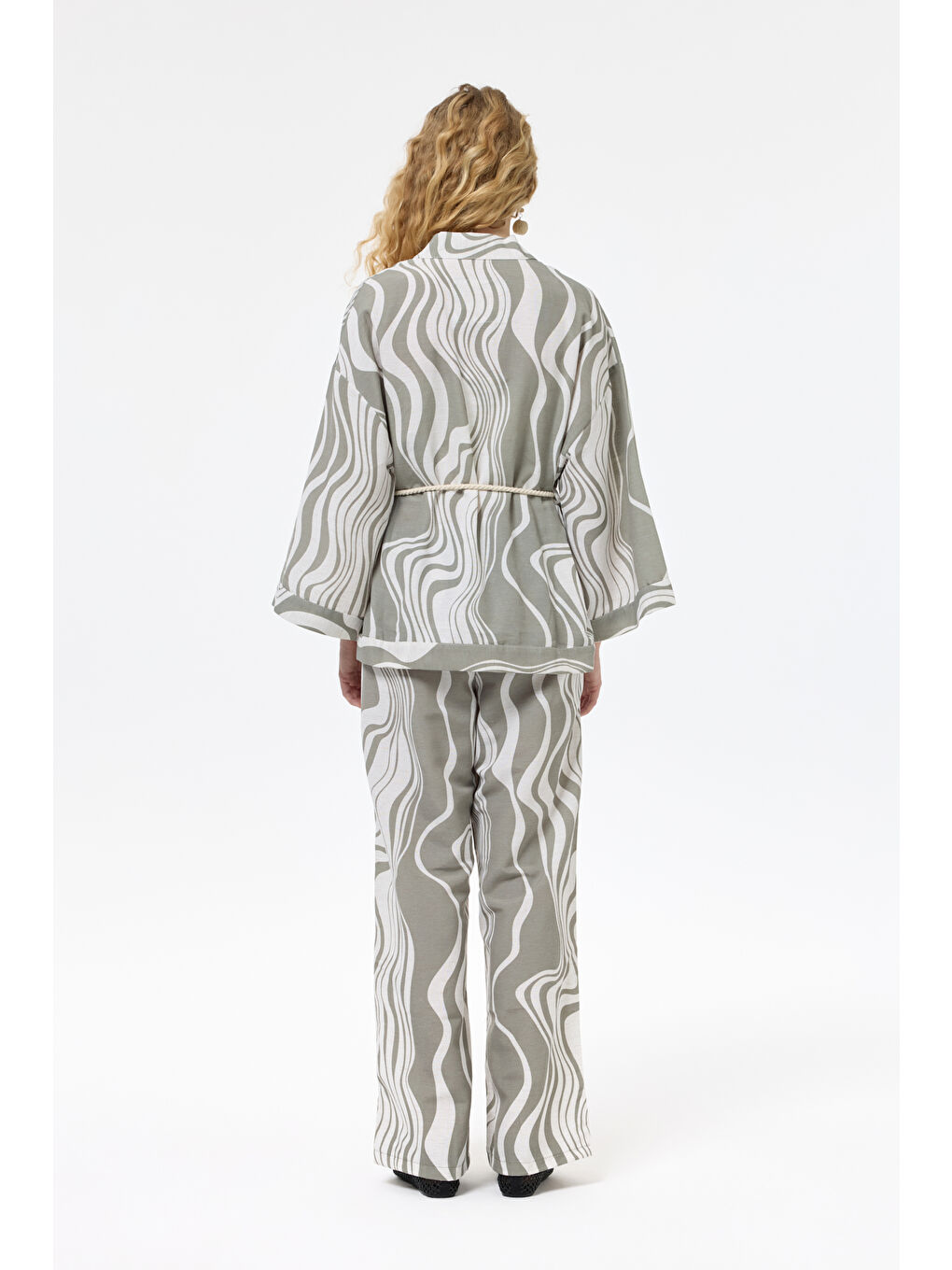 Dalga Desenli Beli Lastikli Keten Bol Pantolon Haki-4