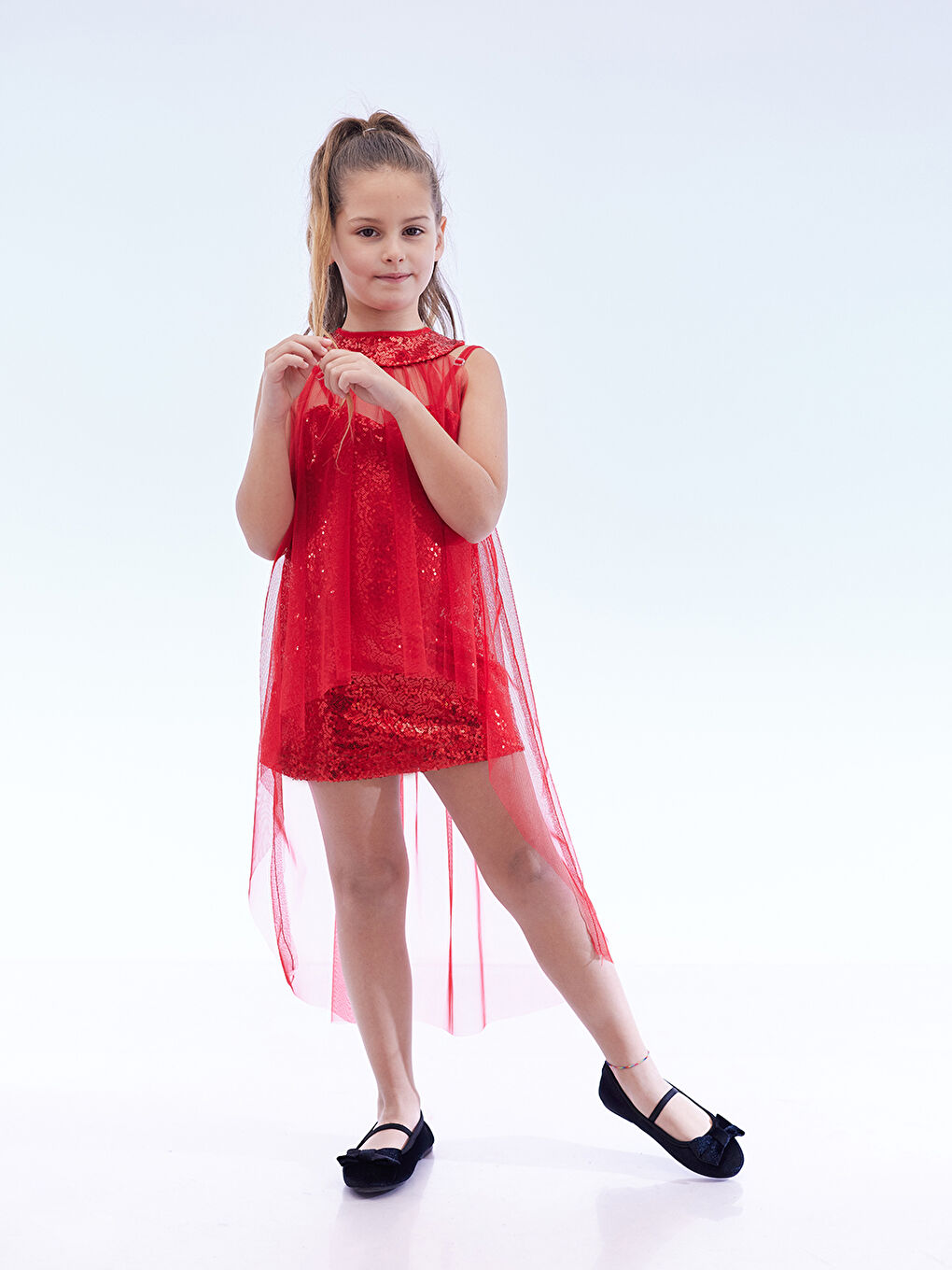 Kırmızı Kız Çocuk Pullu Pelerinli Trend Abiye Elbise AK2244-1