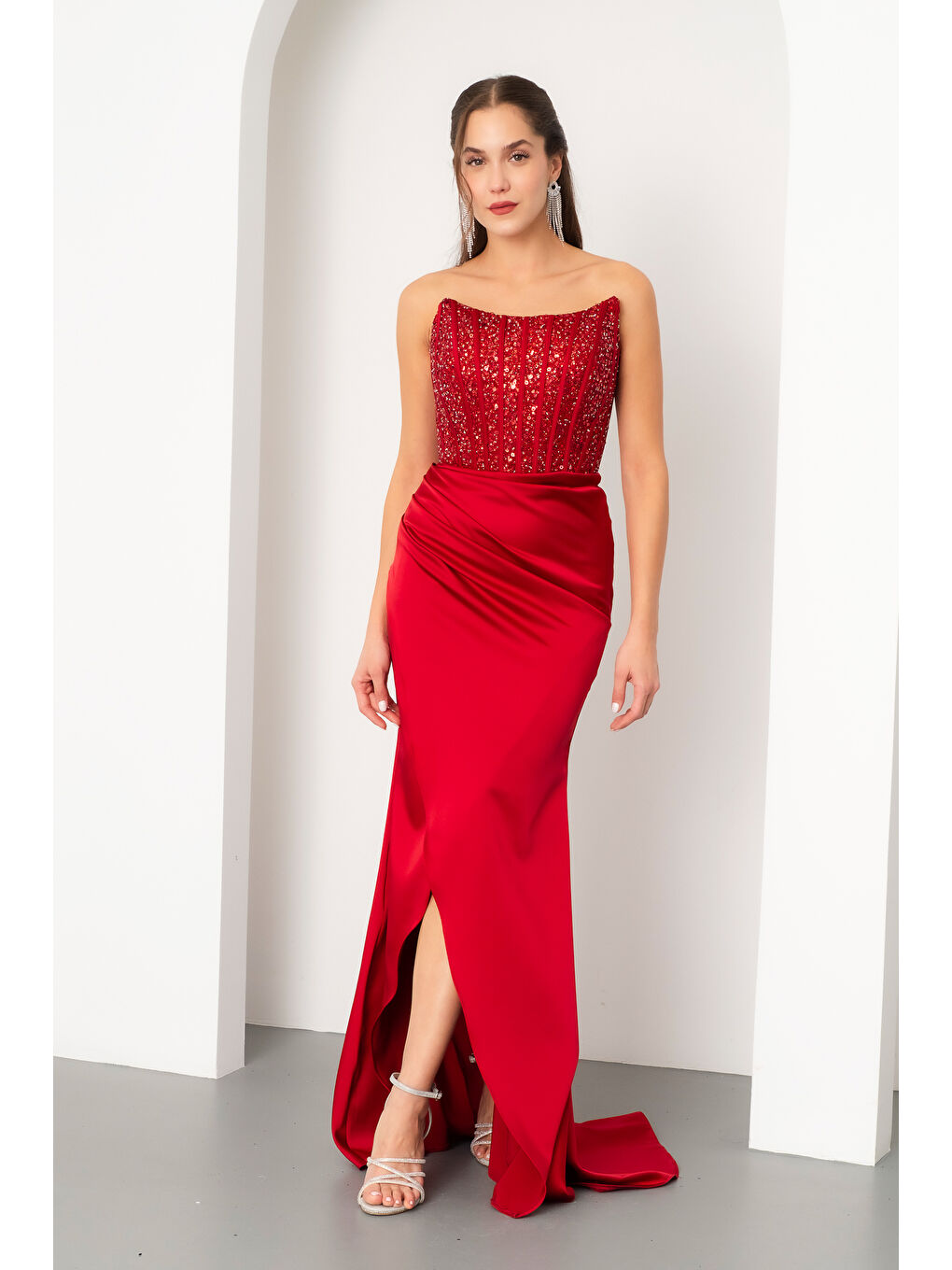 Kadın Bordo Balen Korse Detaylı Taşlı Uzun Abiye Elbise-2