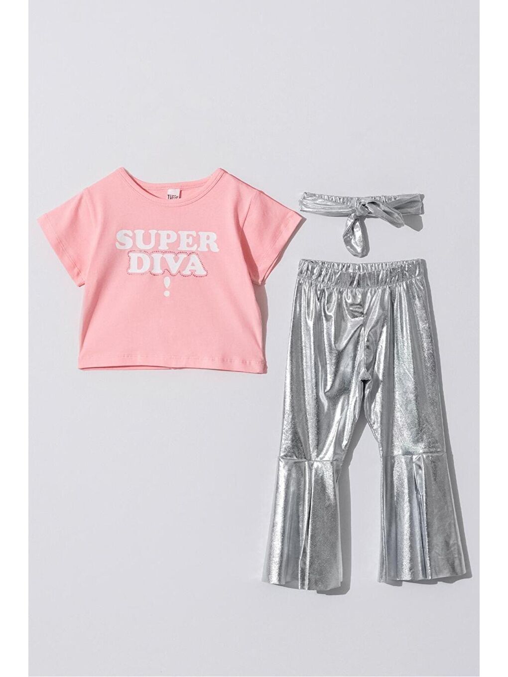 Siyah Kız Çocuk Pamuklu Crop T-Shirt Parlak Gri İspanyol Paça Alt-Üst Takım