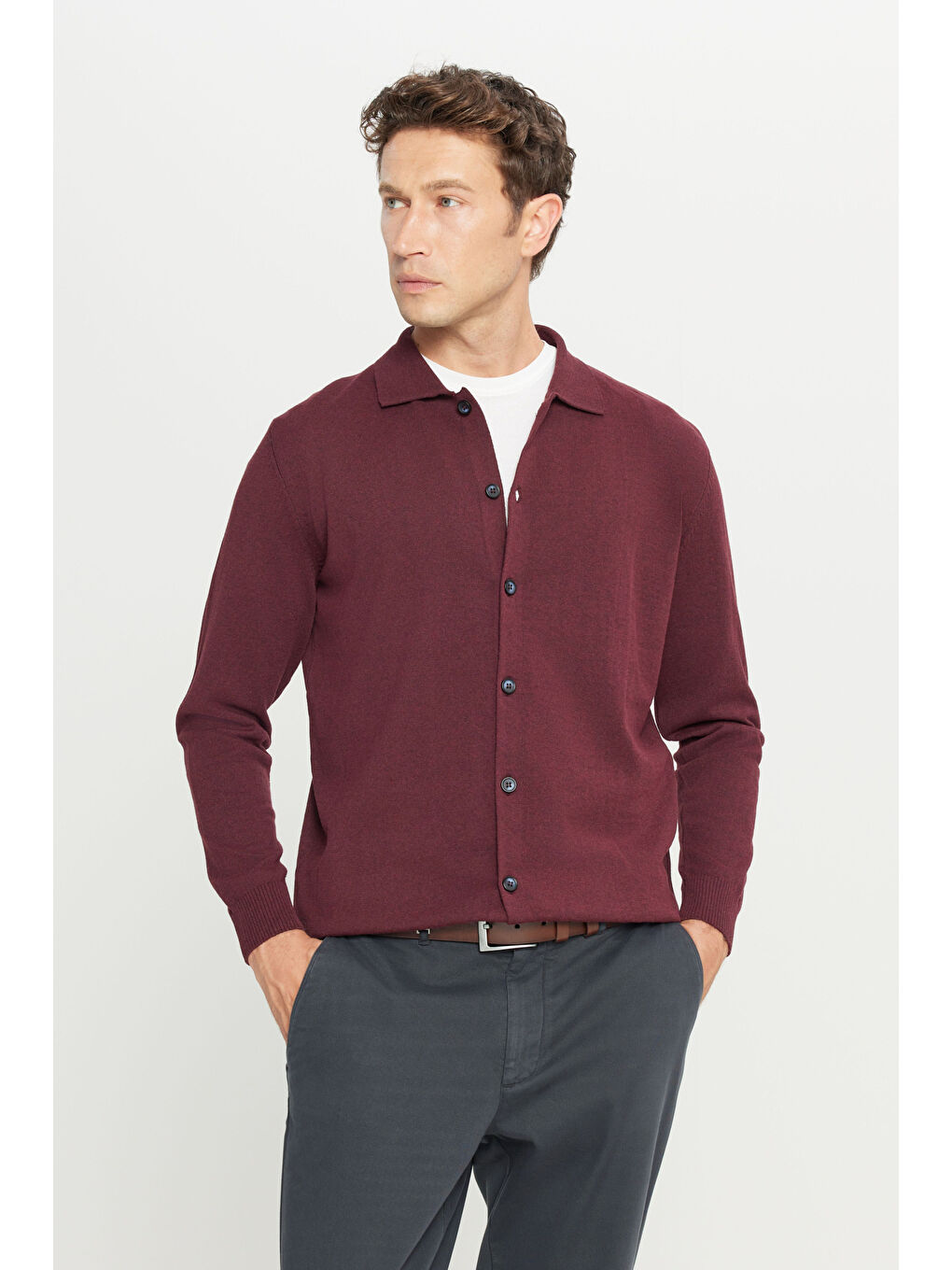 Erkek Bordo Pamuklu Standart Fit Normal Kesim Gömlek Yaka Triko Gömlek