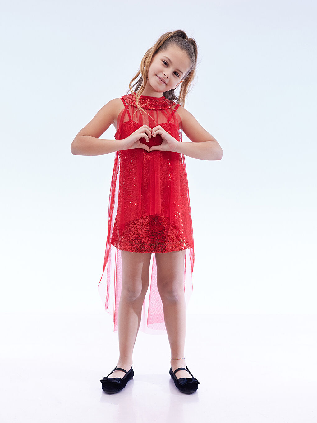 Kırmızı Kız Çocuk Pullu Pelerinli Trend Abiye Elbise AK2244-2