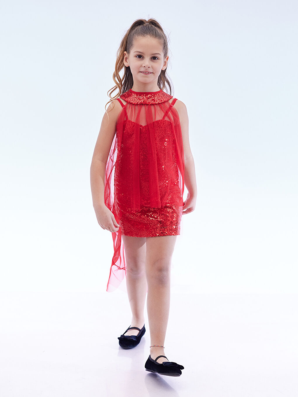 Kırmızı Kız Çocuk Pullu Pelerinli Trend Abiye Elbise AK2244-3