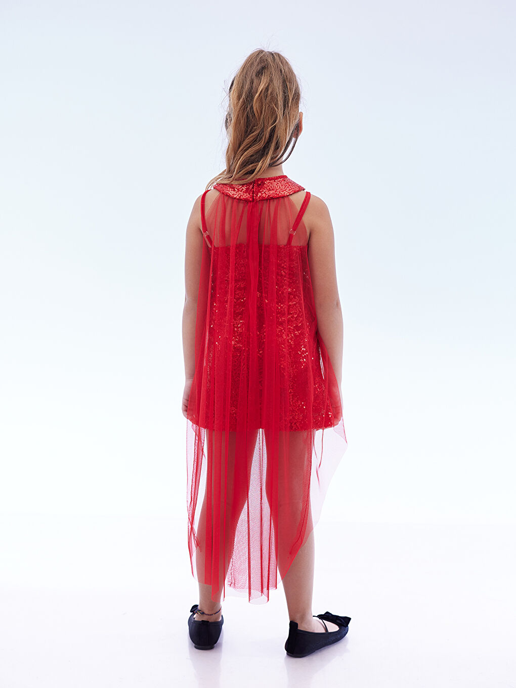 Kırmızı Kız Çocuk Pullu Pelerinli Trend Abiye Elbise AK2244-4