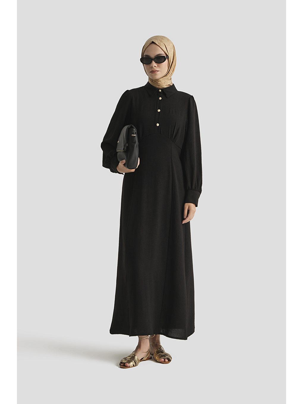Düğme Detaylı Elbise Siyah