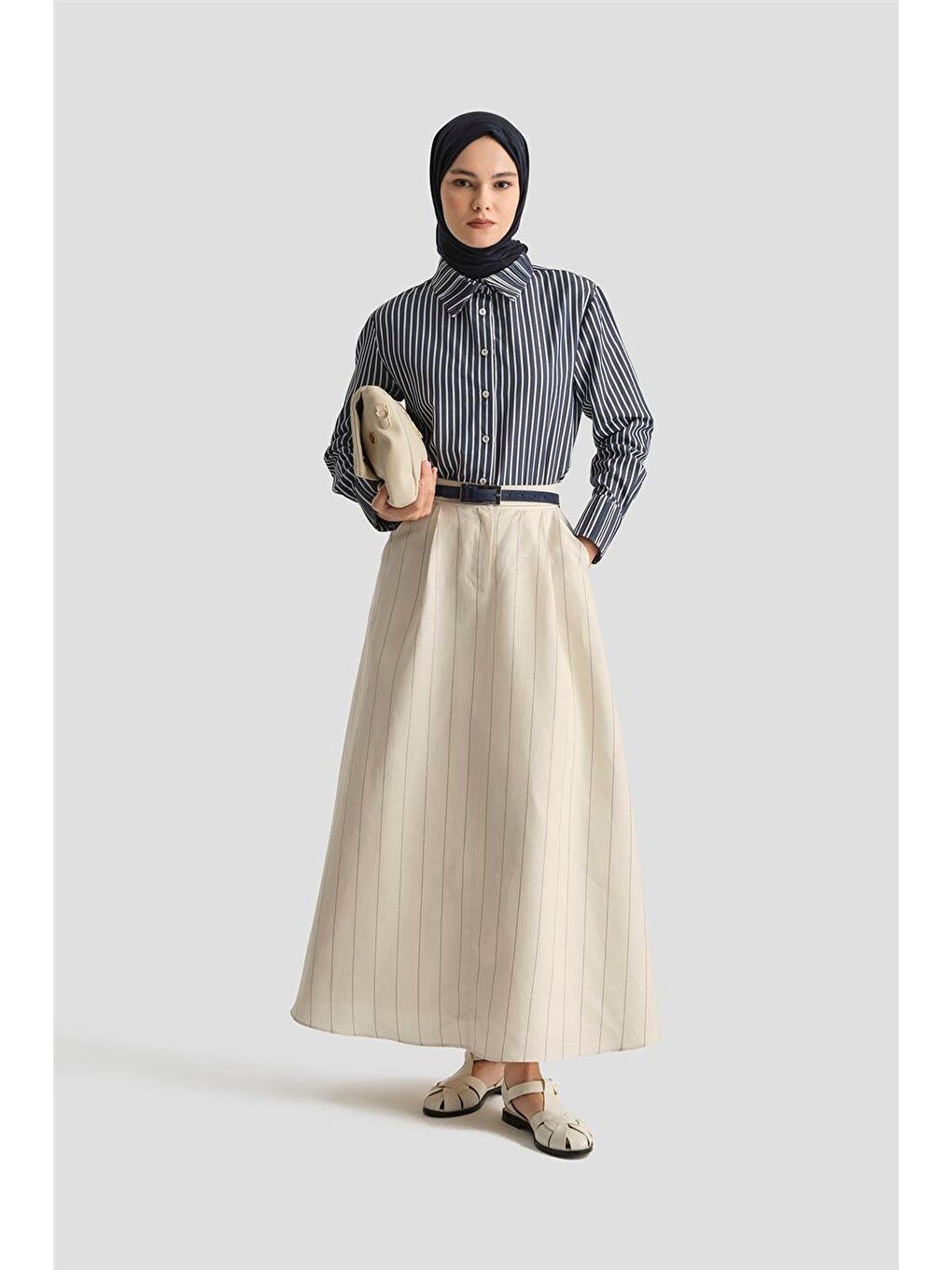 Keten Çizgili Etek 25Y1812 Beyaz-1