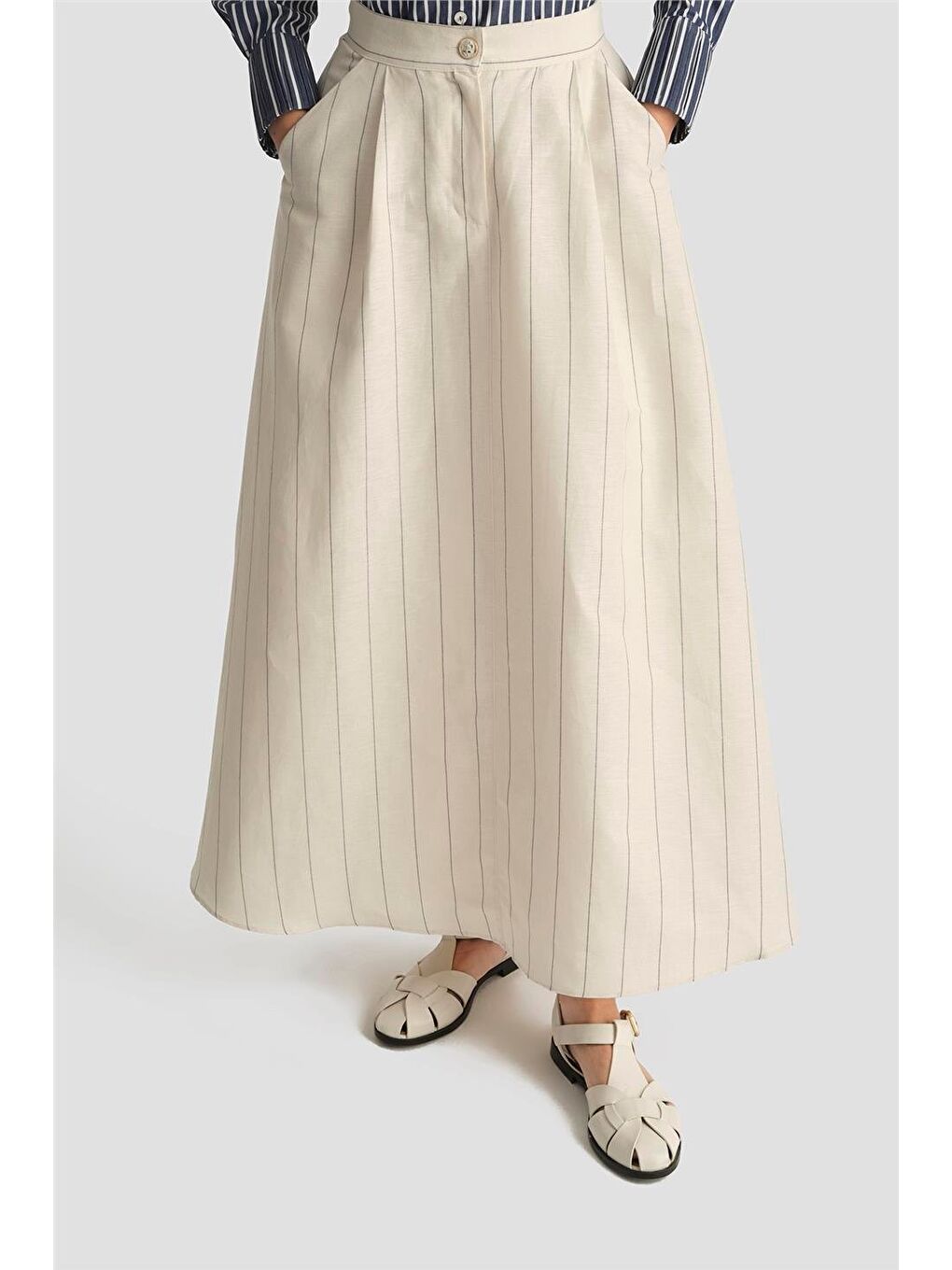 Keten Çizgili Etek 25Y1812 Beyaz-2