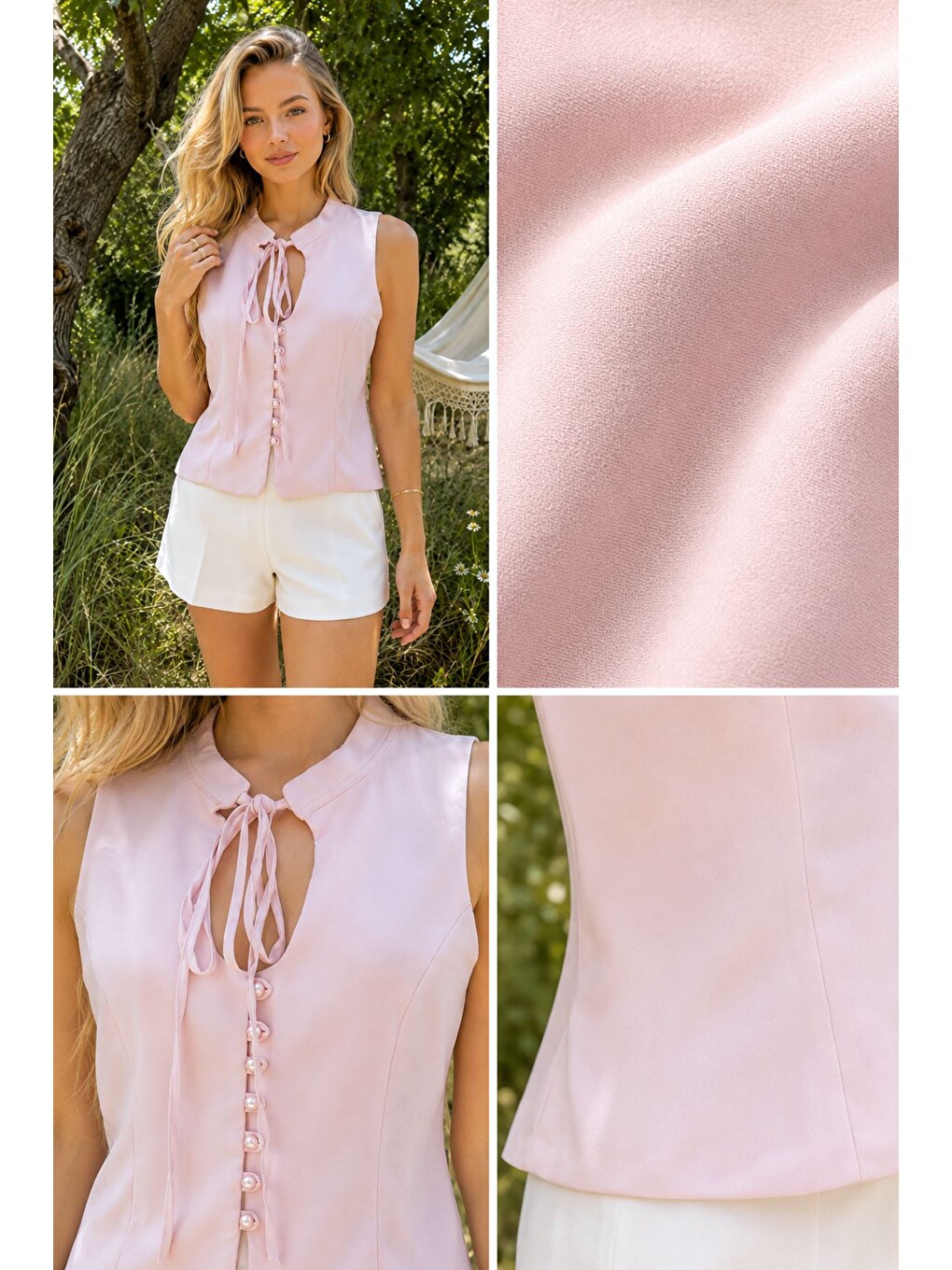 Pembe Kadın Düğme Detaylı Korse Bluz-4