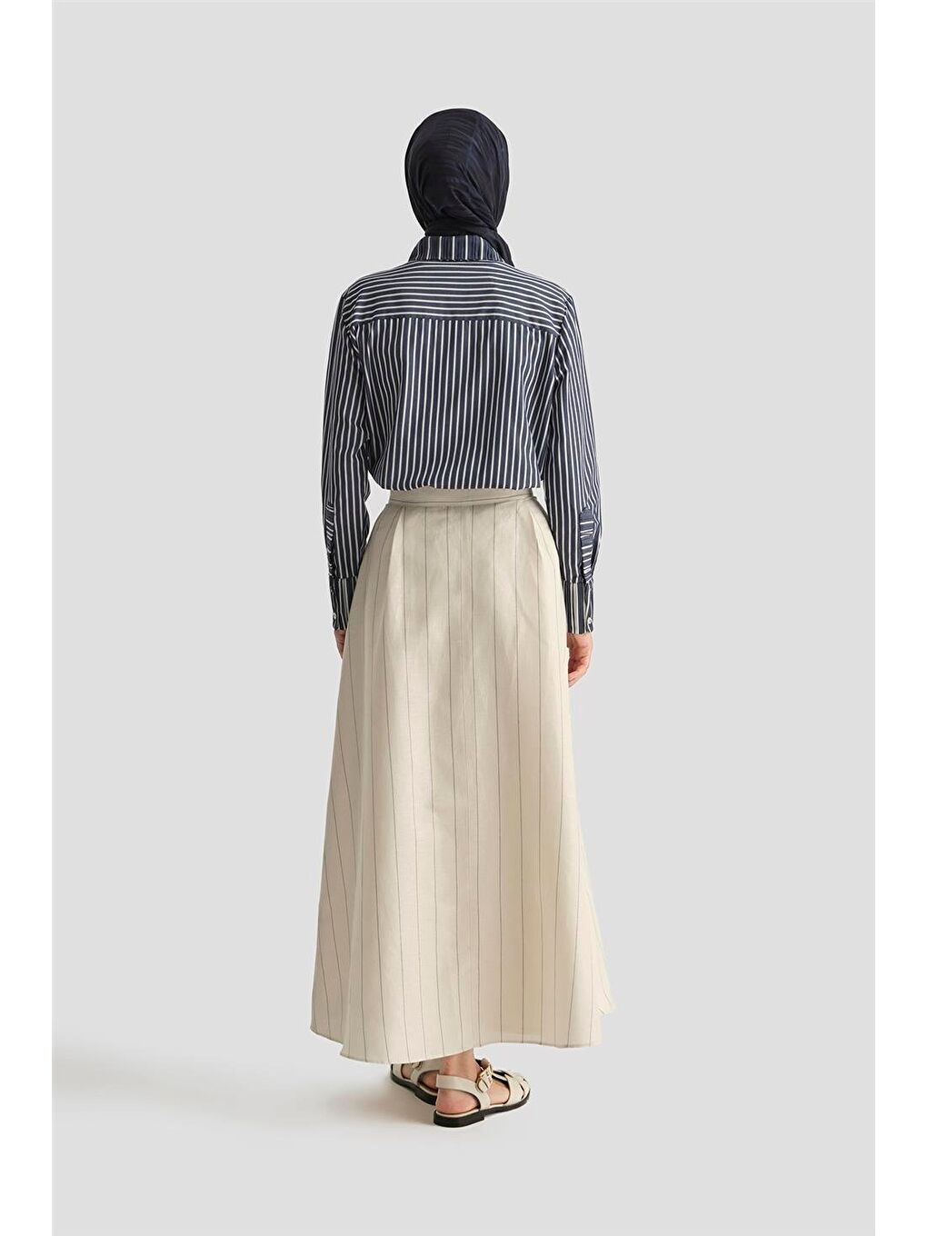 Keten Çizgili Etek 25Y1812 Beyaz-3