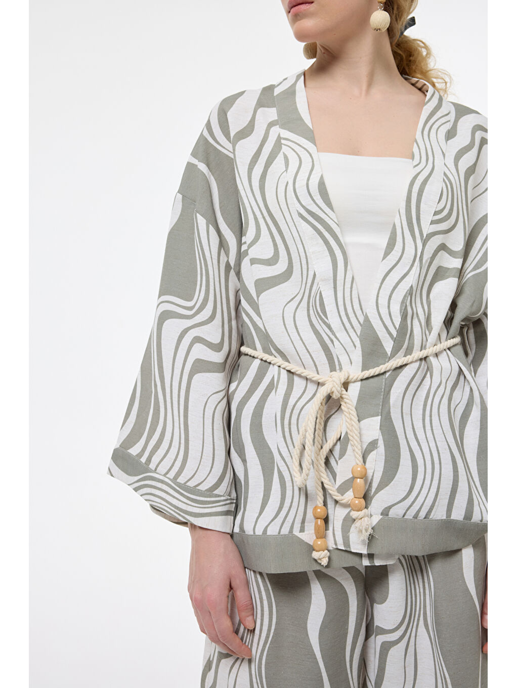 QUZU Dalga Desenli Bağlamalı Keten Kimono Haki - 2