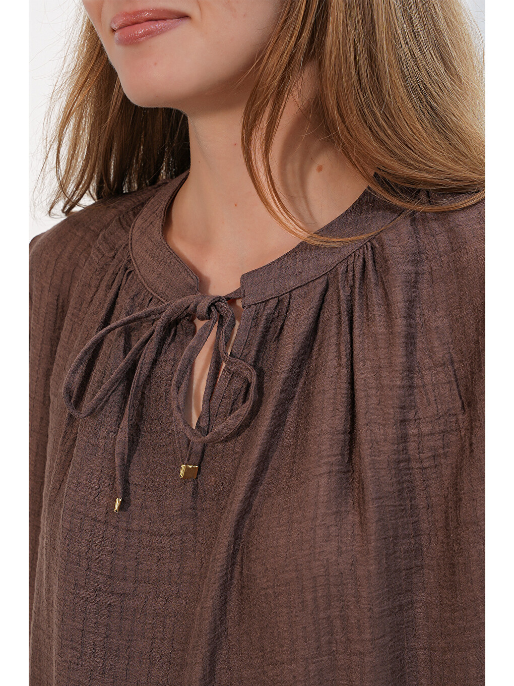 Kadın Nakışlı Oversize Bluz 1000 - Kahverengi-4