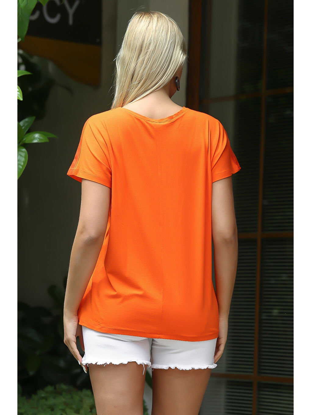 Turuncu V Yaka Düşük Kol File Örme Bluz-1