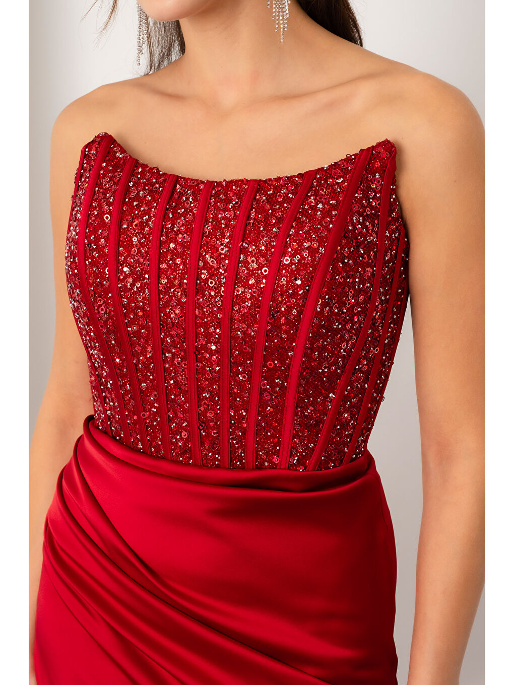 Kadın Bordo Balen Korse Detaylı Taşlı Uzun Abiye Elbise-3