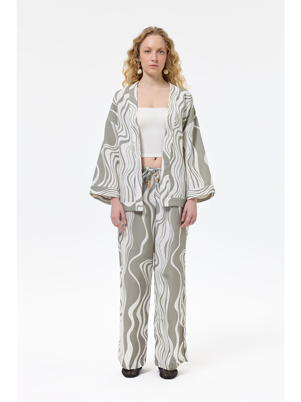 QUZU Dalga Desenli Bağlamalı Keten Kimono Haki - 3