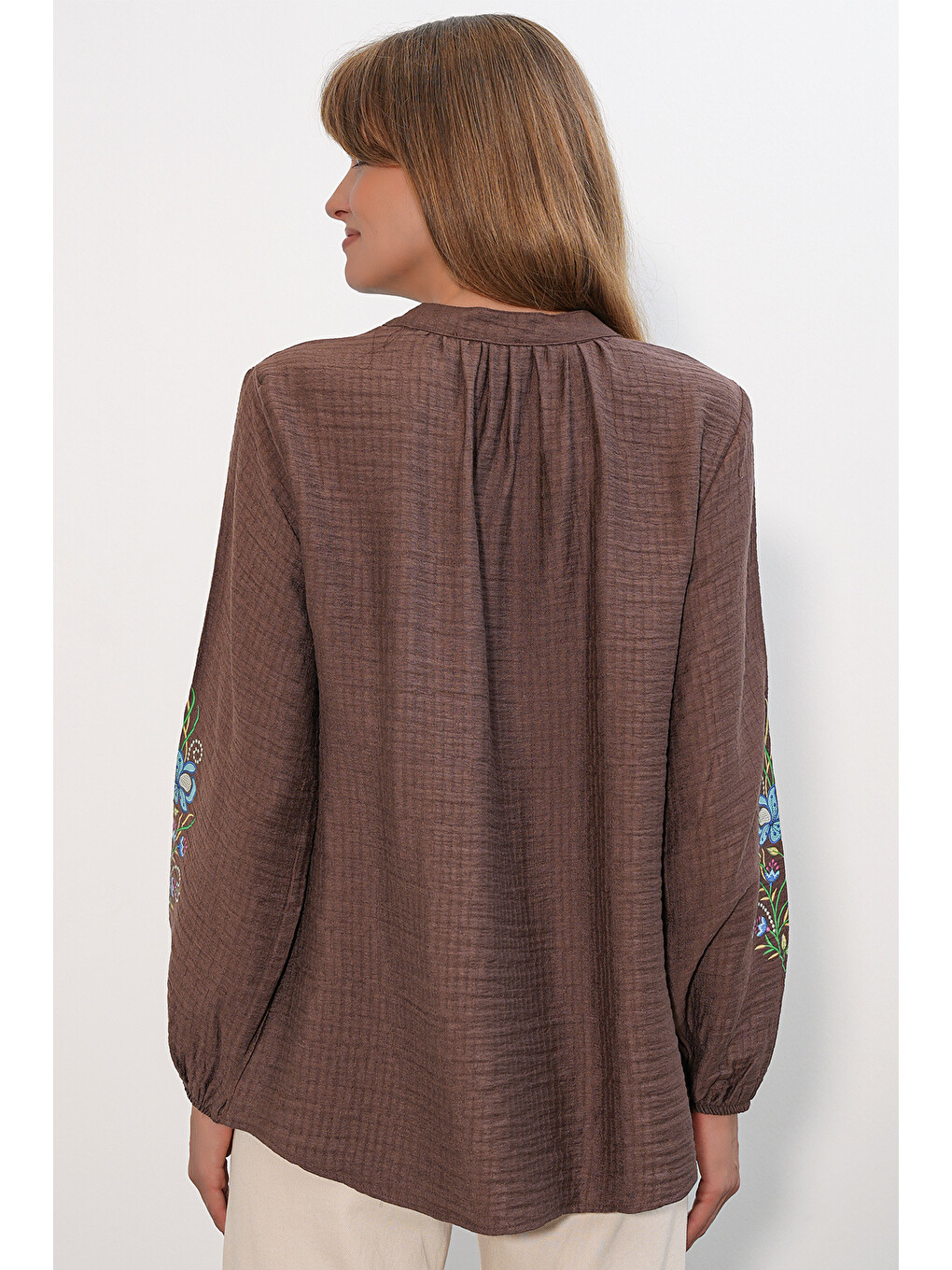 Kadın Nakışlı Oversize Bluz 1000 - Kahverengi-5