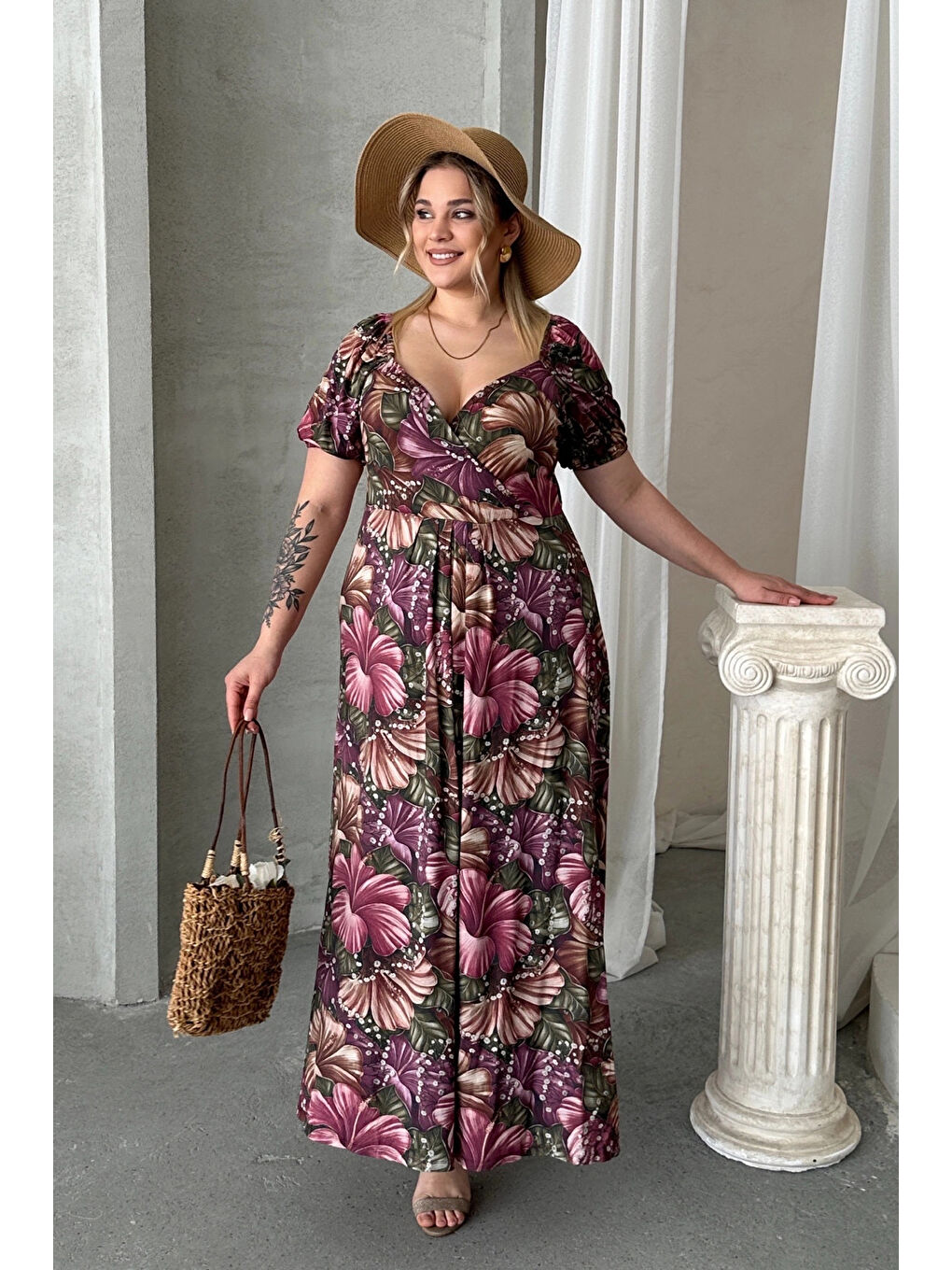 Karışık Büyük Beden Kısa Kollu Prenses Yaka Çiçek Desenli Maxi Elbise 74-80-3