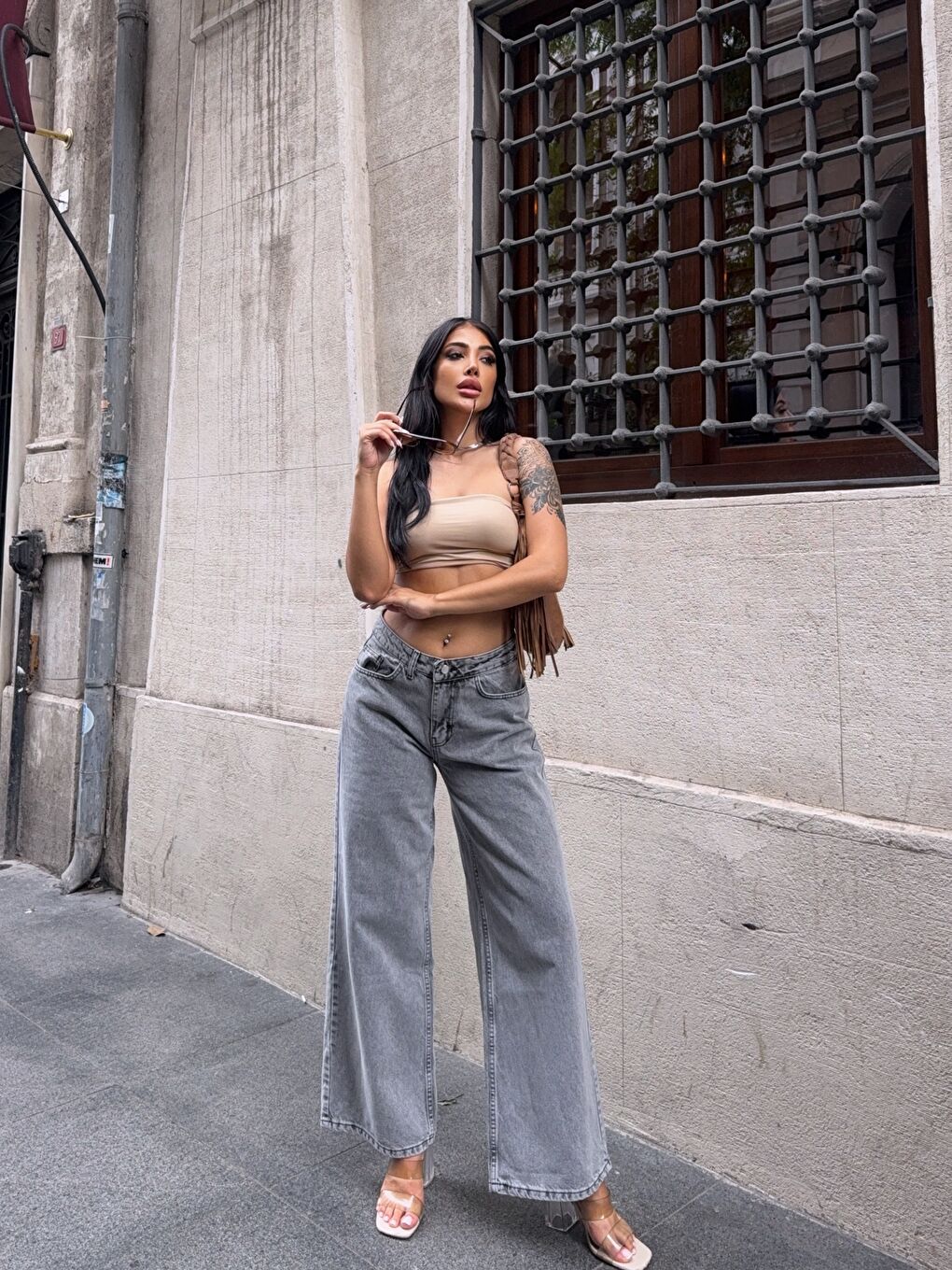 Gri Yüksek Bel Geniş Paça Jean Pantolon-1