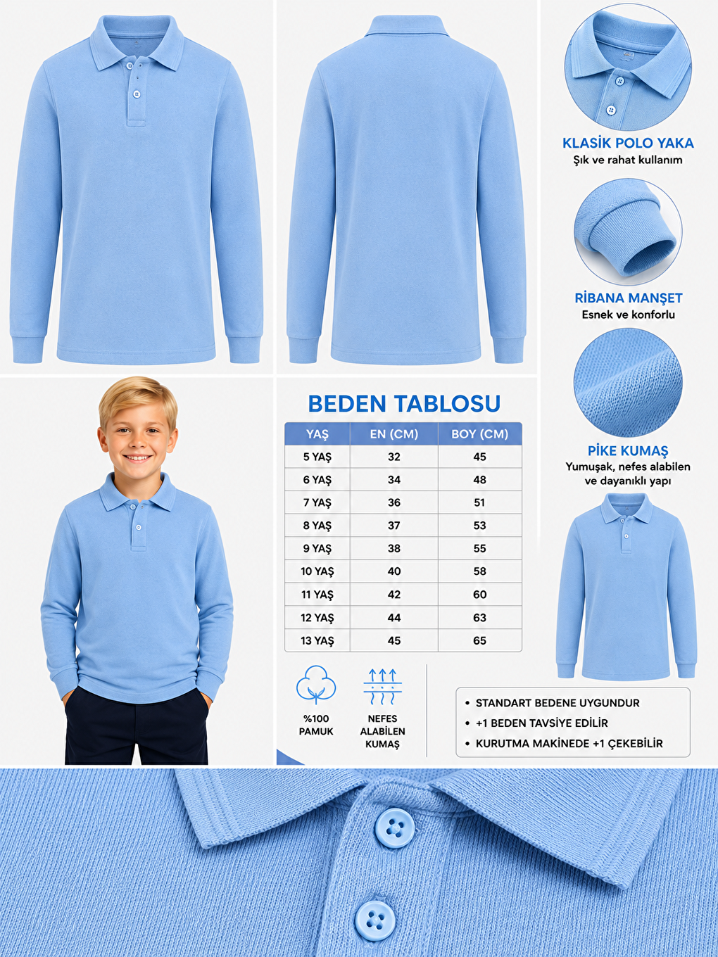 Mavi Kids Polo Yaka Basic Uzun Kollu Unisex Erkek Çocuk Tişört-1