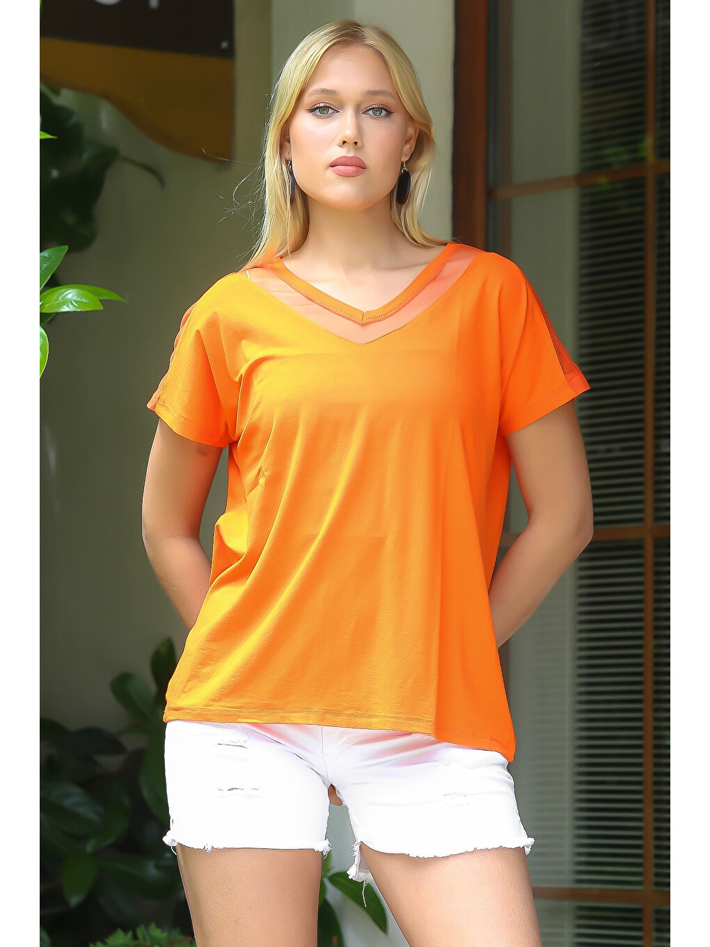 Turuncu V Yaka Düşük Kol File Örme Bluz-3