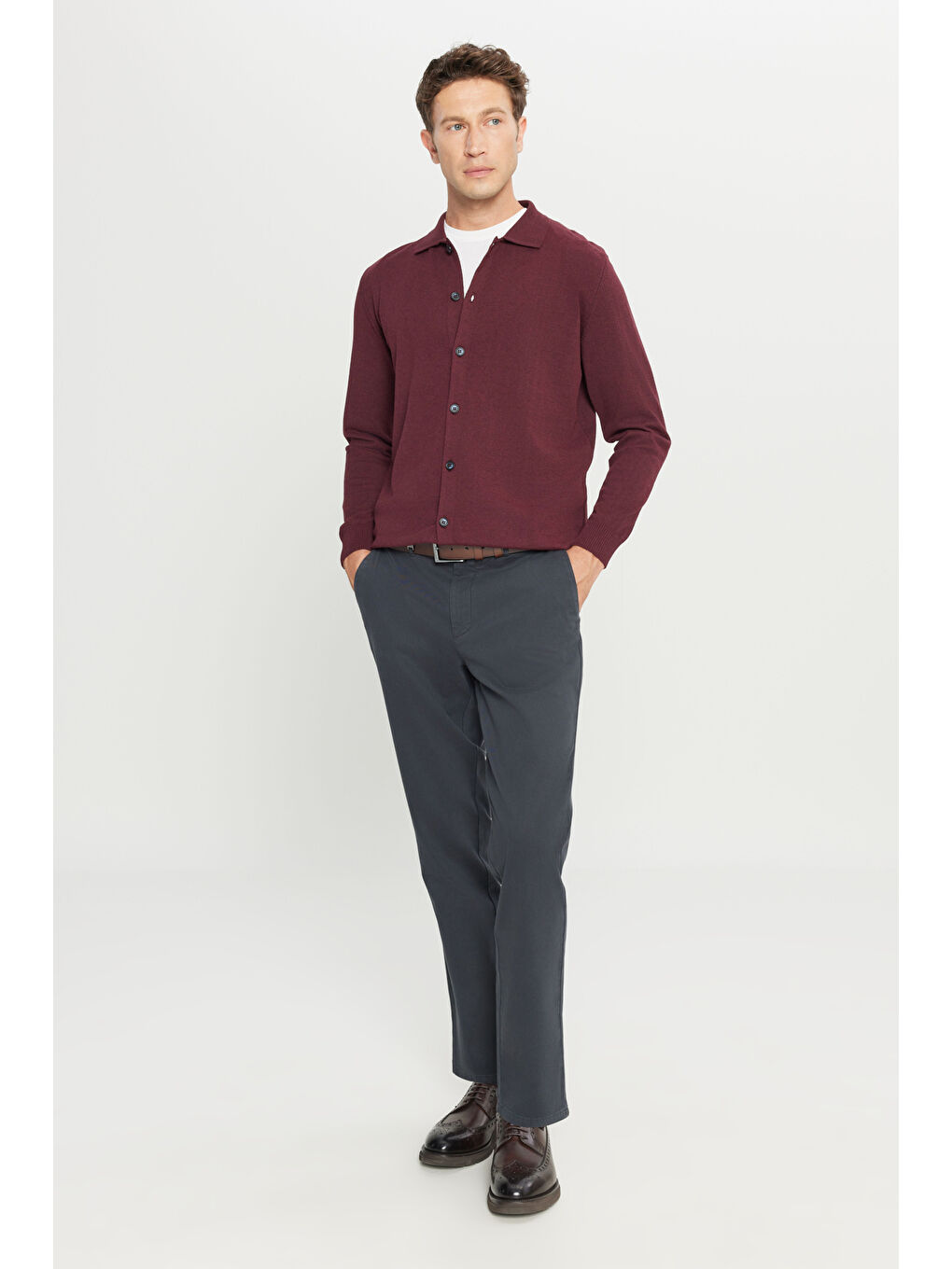 Erkek Bordo Pamuklu Standart Fit Normal Kesim Gömlek Yaka Triko Gömlek-1