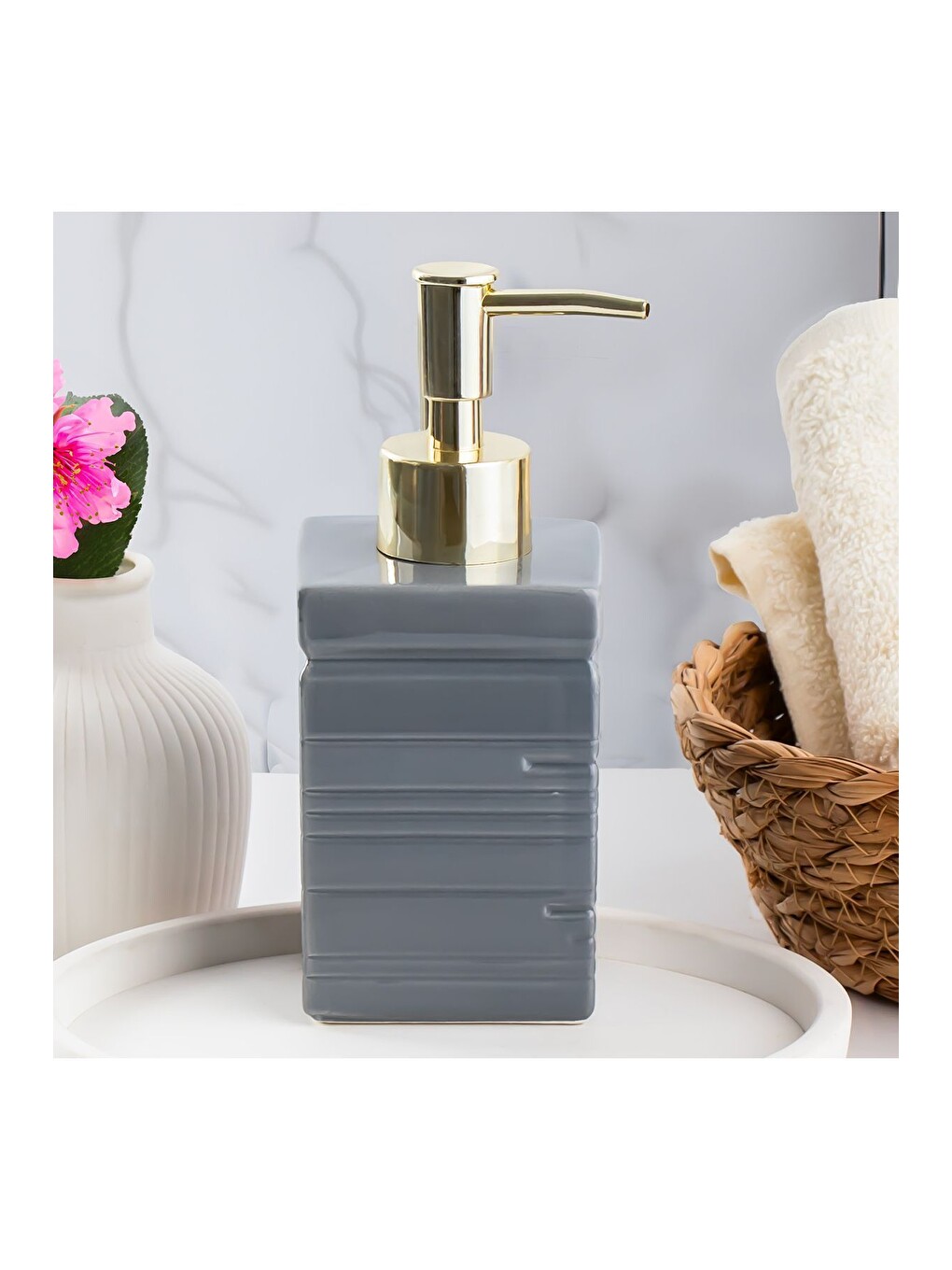 3206 Seramik Sıvı Sabunluk - Tezgah Üstü Banyo Mutfak Lavabo Sabunluğu - 275 Cc Antrasit-1