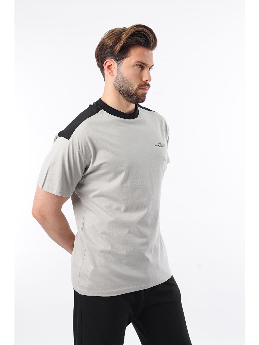 Boyalı Gri Bisiklet Yaka Baskılı Erkek %100 Pamuk Tişört E7114-1