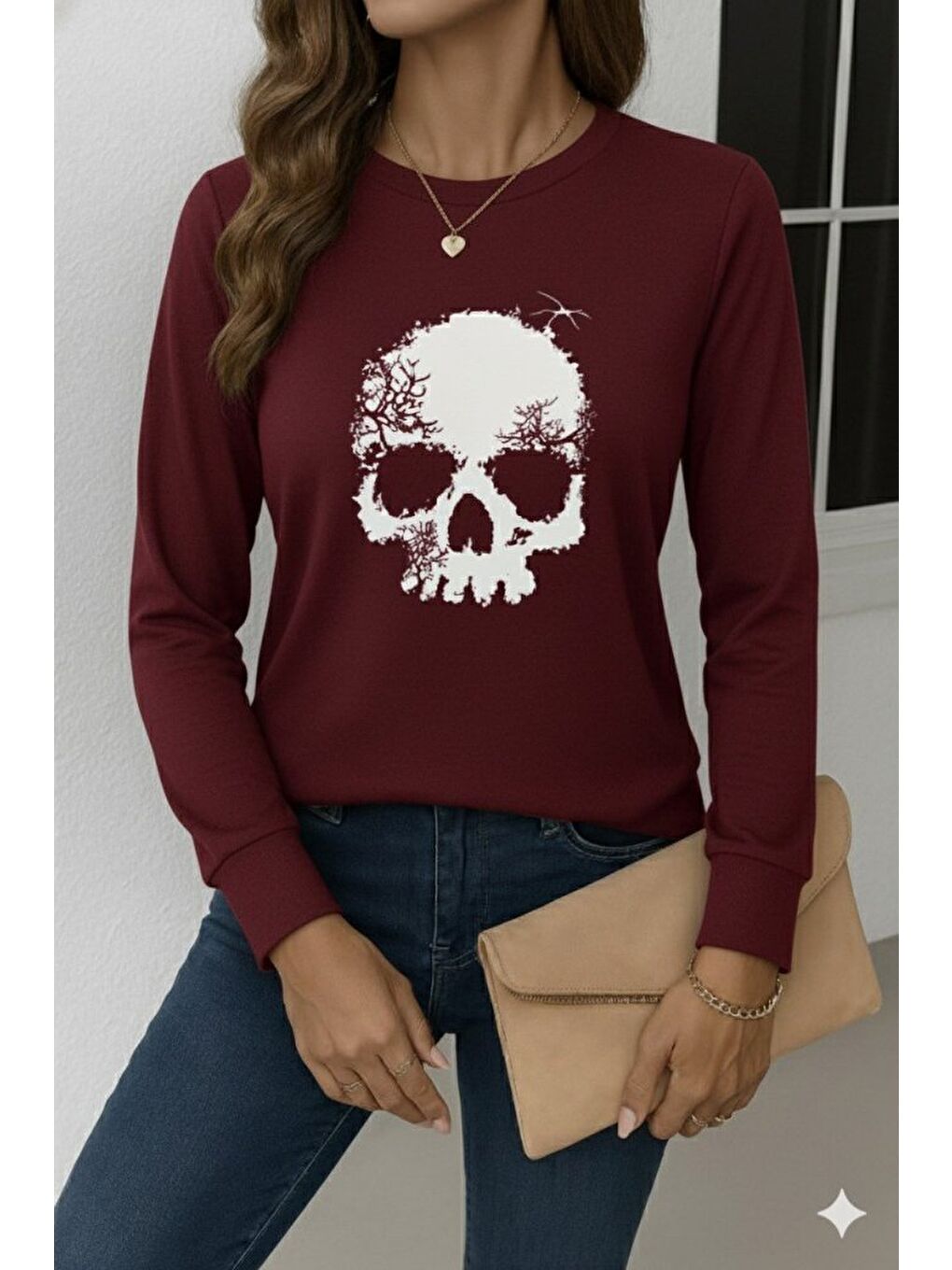 Bordo Kadın Uzun Kollu Bisiklet Yaka Kurukafa Desenli Viskon Bluz