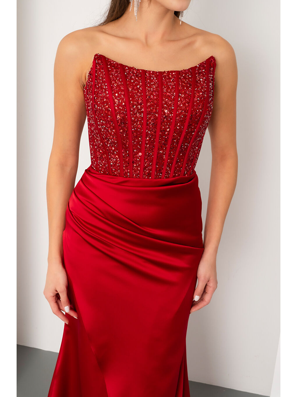 Kadın Bordo Balen Korse Detaylı Taşlı Uzun Abiye Elbise-4