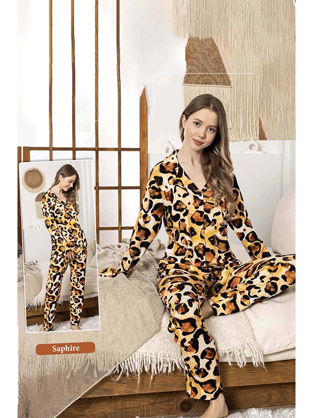 Sarı Kadın Leopar Desen Düğmeli Saphire Pijama Takımı 0336 Leopar-3