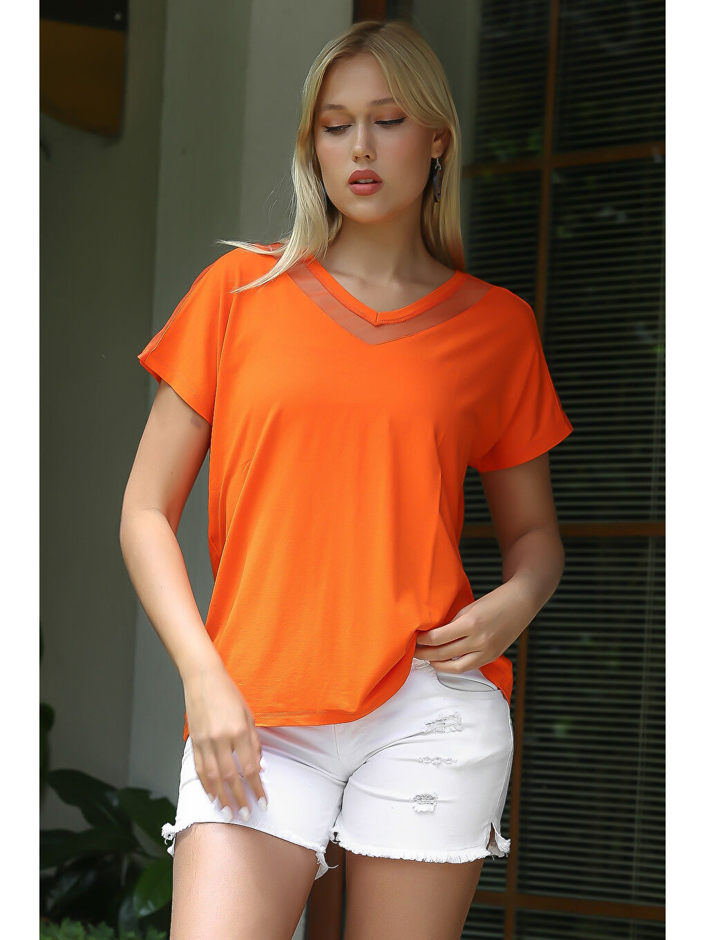 Turuncu V Yaka Düşük Kol File Örme Bluz-4