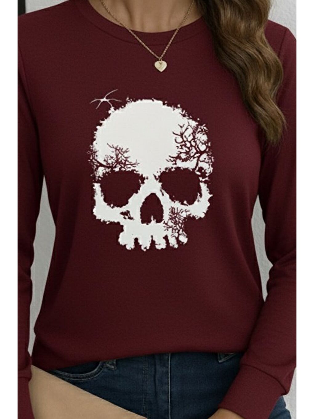 Bordo Kadın Uzun Kollu Bisiklet Yaka Kurukafa Desenli Viskon Bluz-1