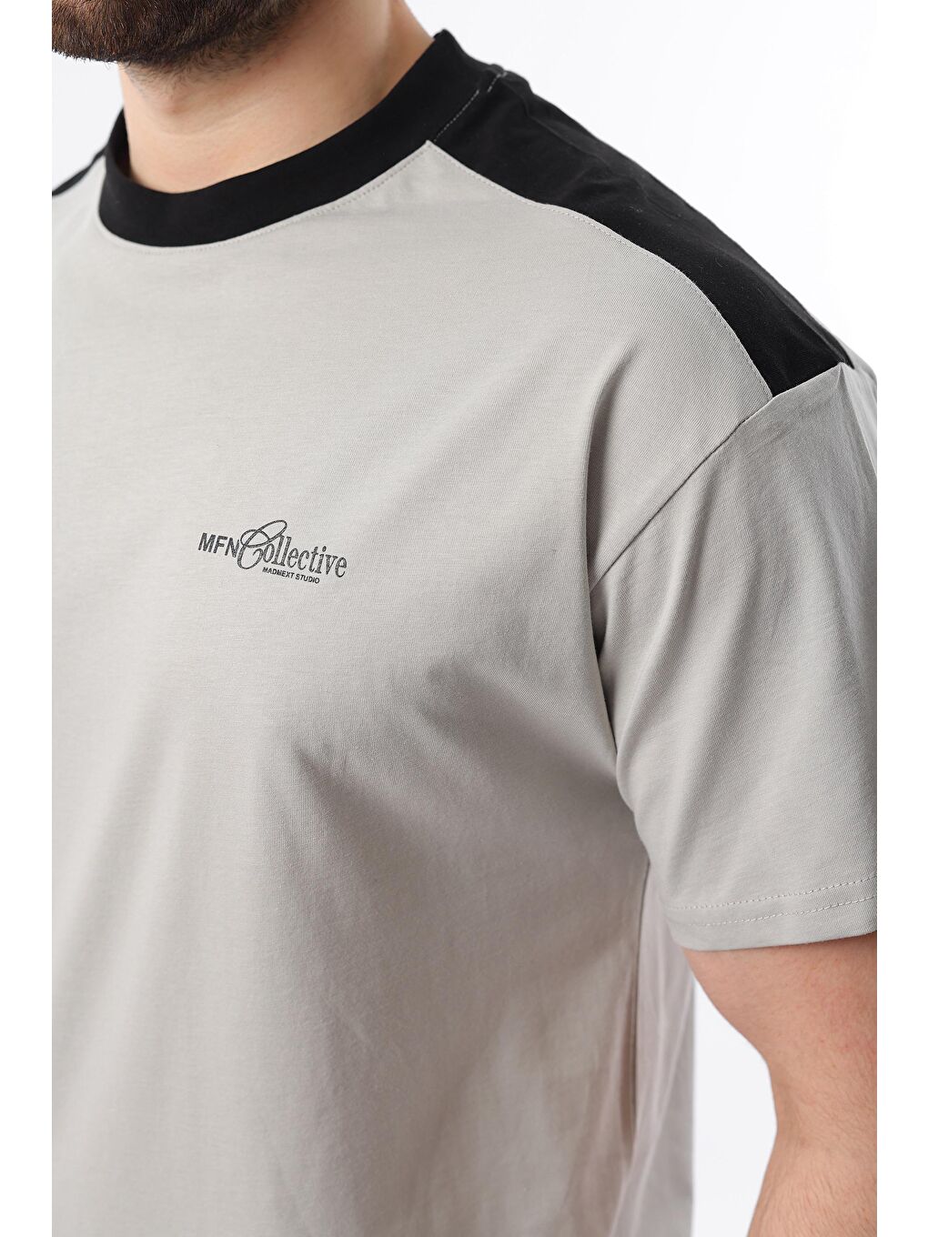 Boyalı Gri Bisiklet Yaka Baskılı Erkek %100 Pamuk Tişört E7114-2
