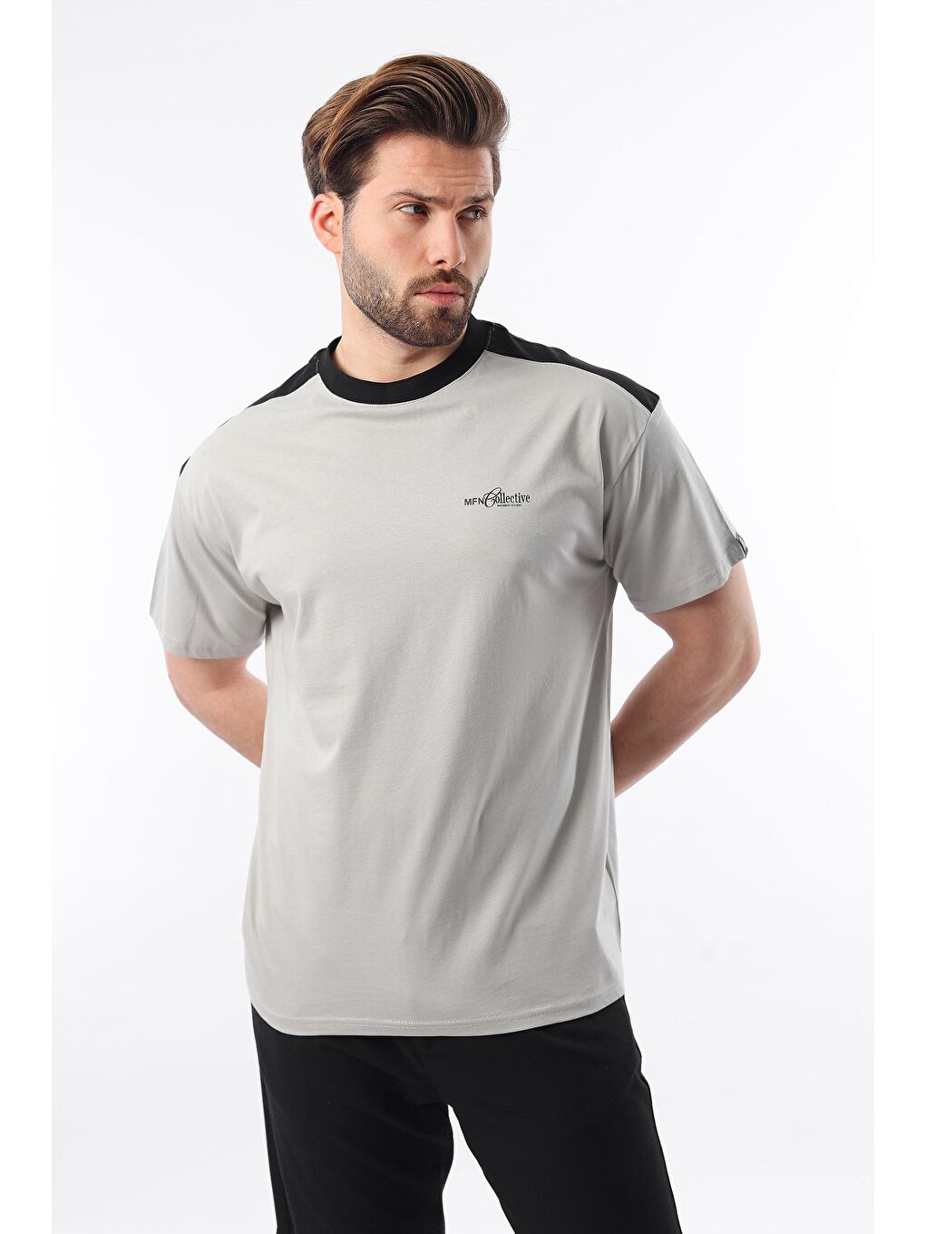 Boyalı Gri Bisiklet Yaka Baskılı Erkek %100 Pamuk Tişört E7114-3