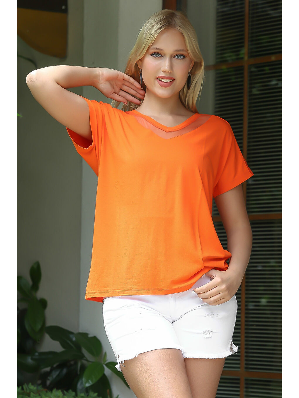 Turuncu V Yaka Düşük Kol File Örme Bluz-5