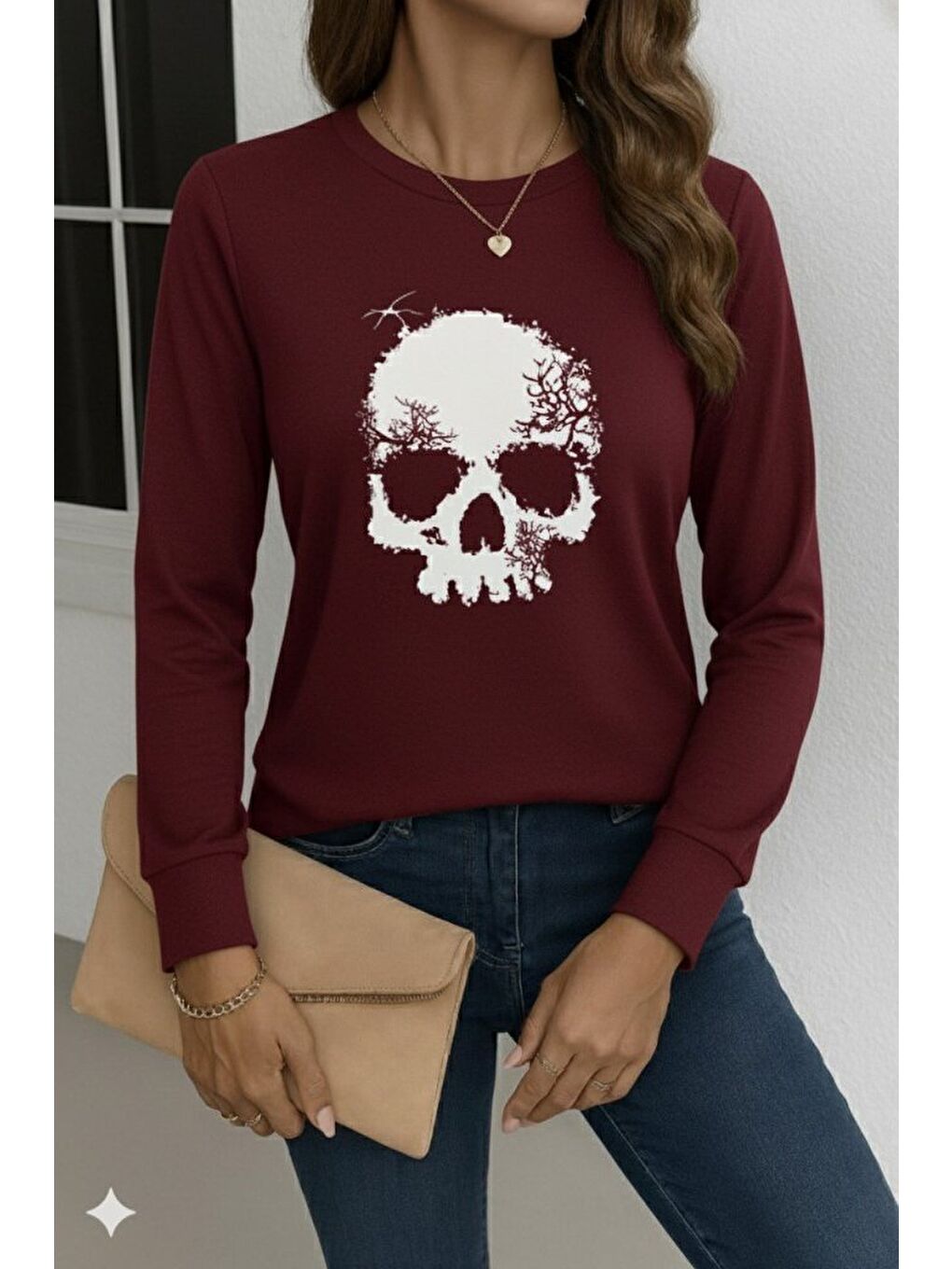 Bordo Kadın Uzun Kollu Bisiklet Yaka Kurukafa Desenli Viskon Bluz-2