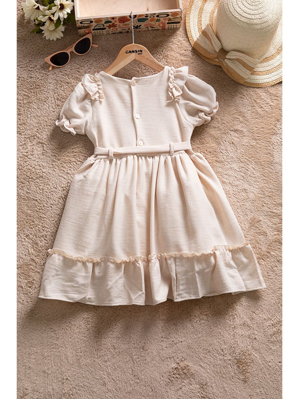 Bej Fırfır Detaylı Kuşaklı Kız Çocuk Kısa Kol Elbise 22686-4