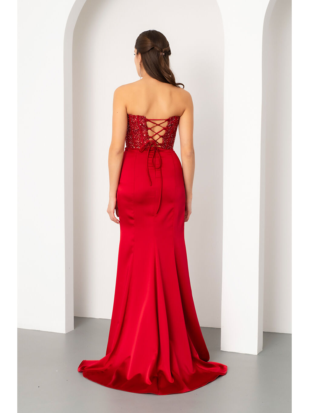 Kadın Bordo Balen Korse Detaylı Taşlı Uzun Abiye Elbise-5