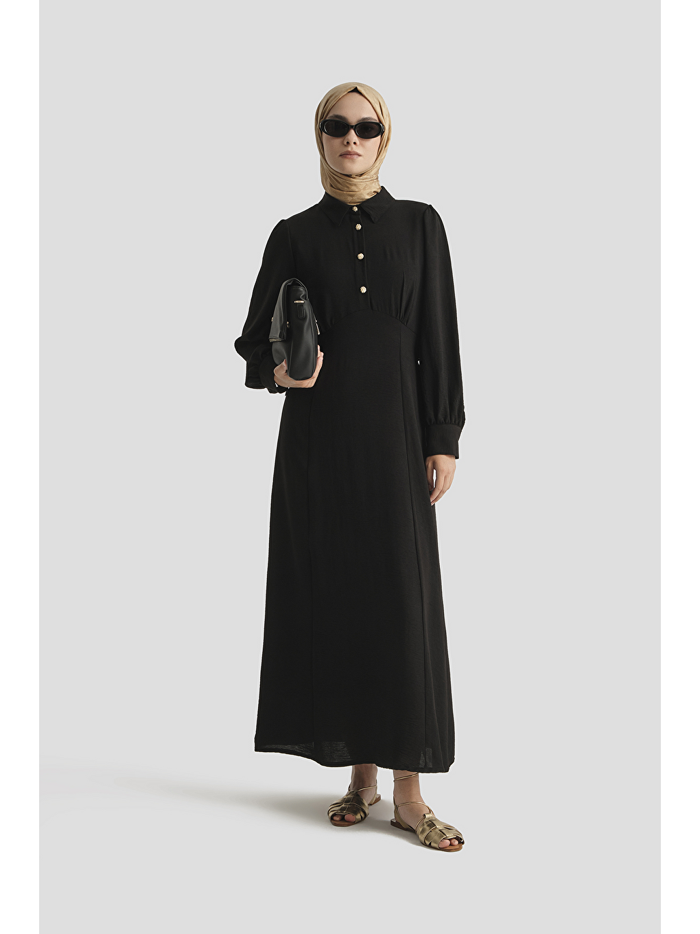 Düğme Detaylı Elbise Siyah-1